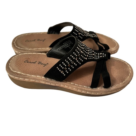 Coral Bay Paxton Women’s Black Sparkle T-Strap Low Wedge Sandals Size 9M - Picture 3 of 7